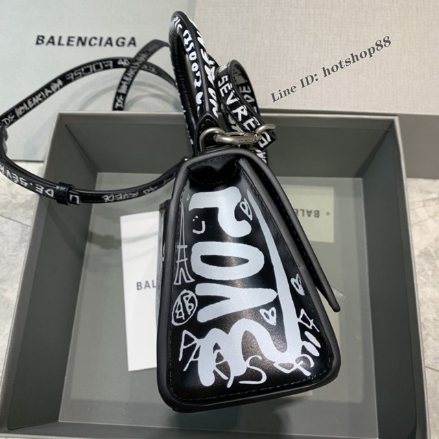 Balenciaga專櫃新款mini號手提肩背女包原單沙漏包 巴黎世家黑色平紋塗鴉沙漏包 fyj1400